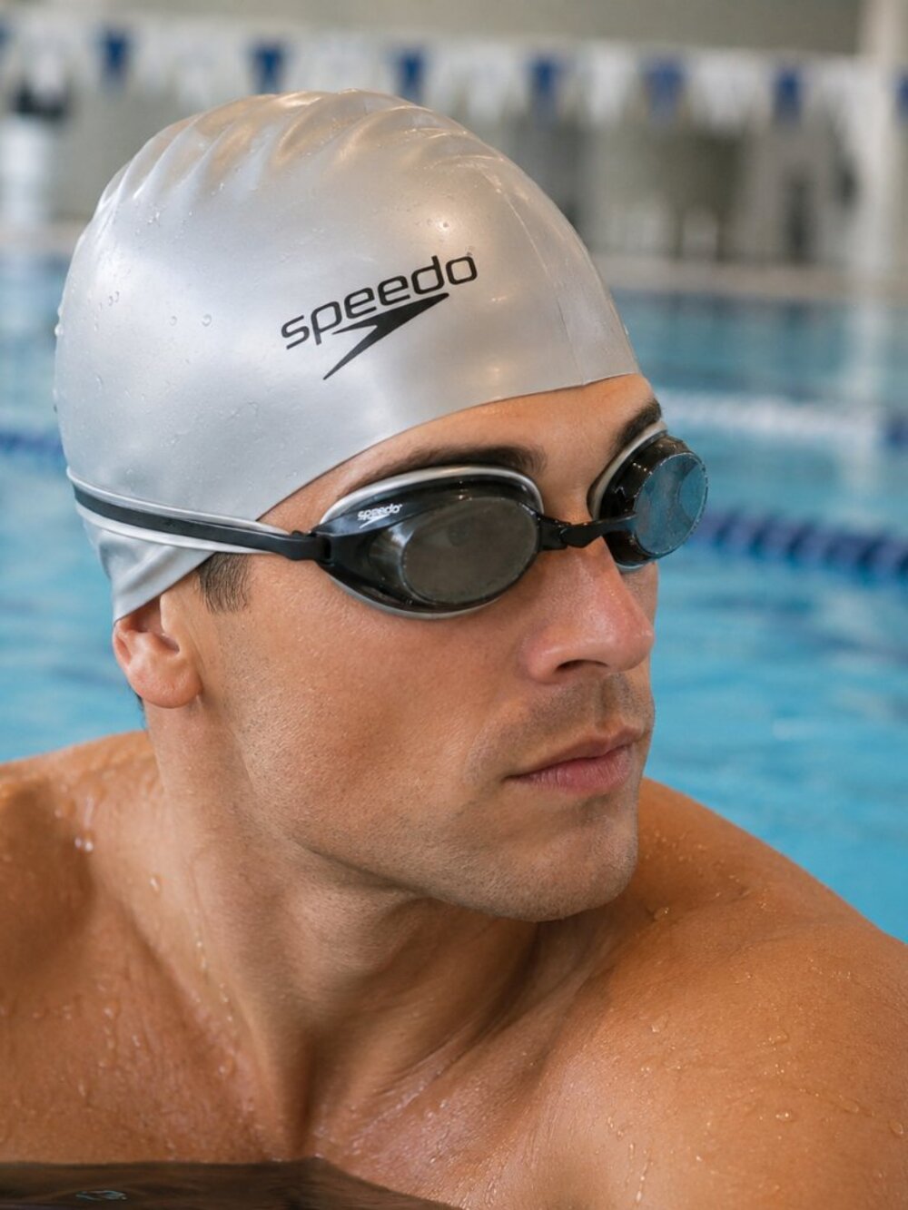 Speedo Silver Silicone Swim Cap + Speedo Racing Goggles Bundle